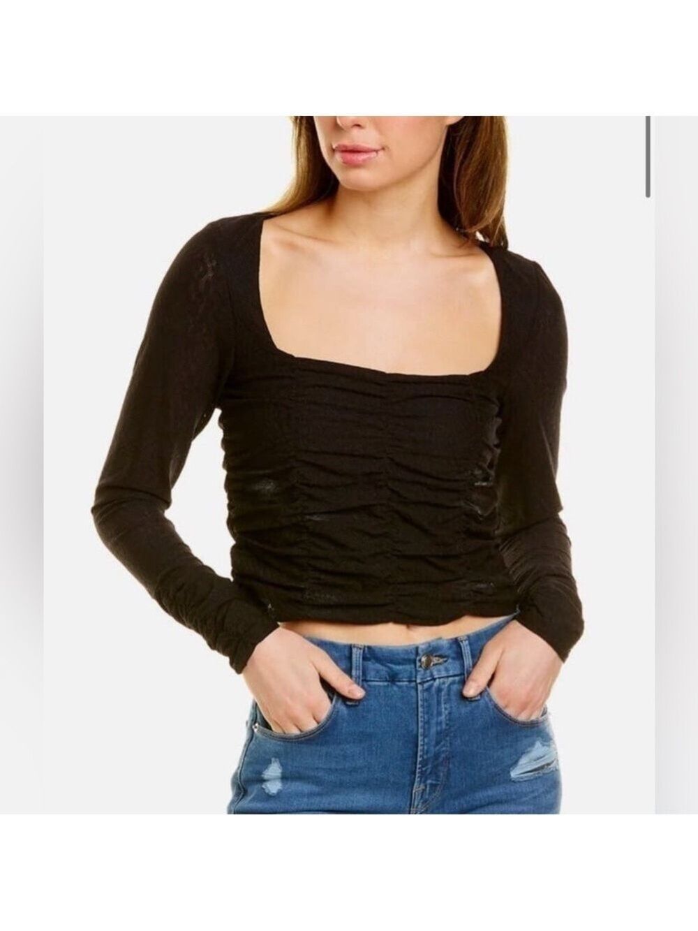 Good American Night Out Black Lace Floral Crop Sinched Long Sleeve Black 6 (3X)